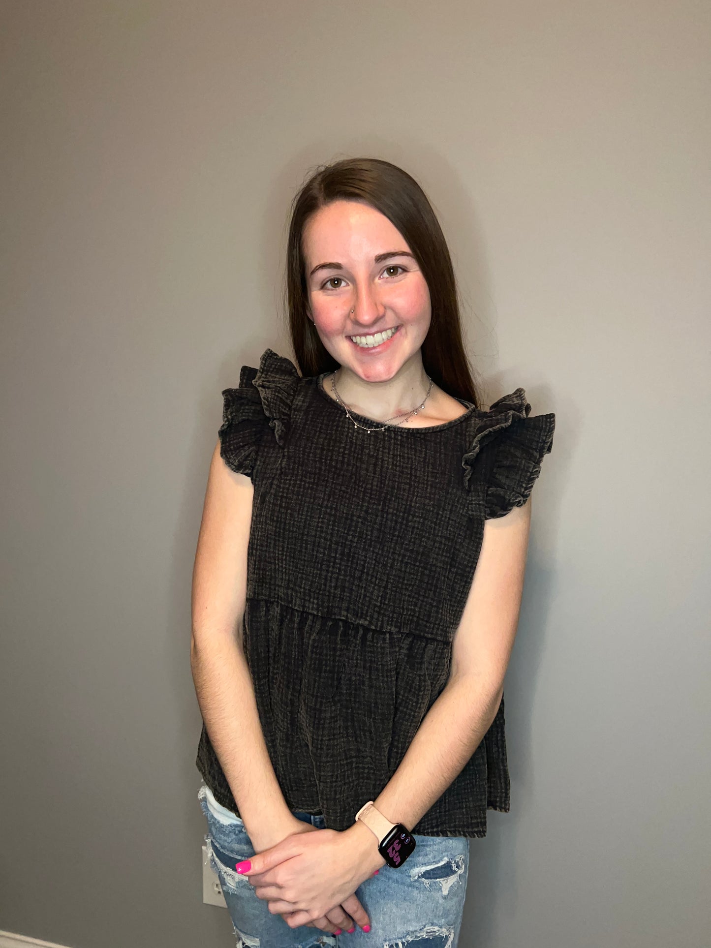 Acid Washed Ruffle Sleeve Top - Black
