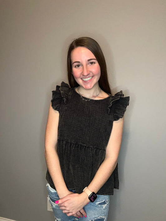 Acid Washed Ruffle Sleeve Top - Black
