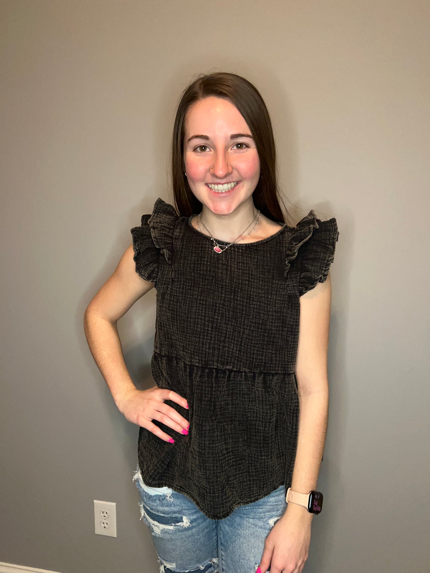 Acid Washed Ruffle Sleeve Top - Black
