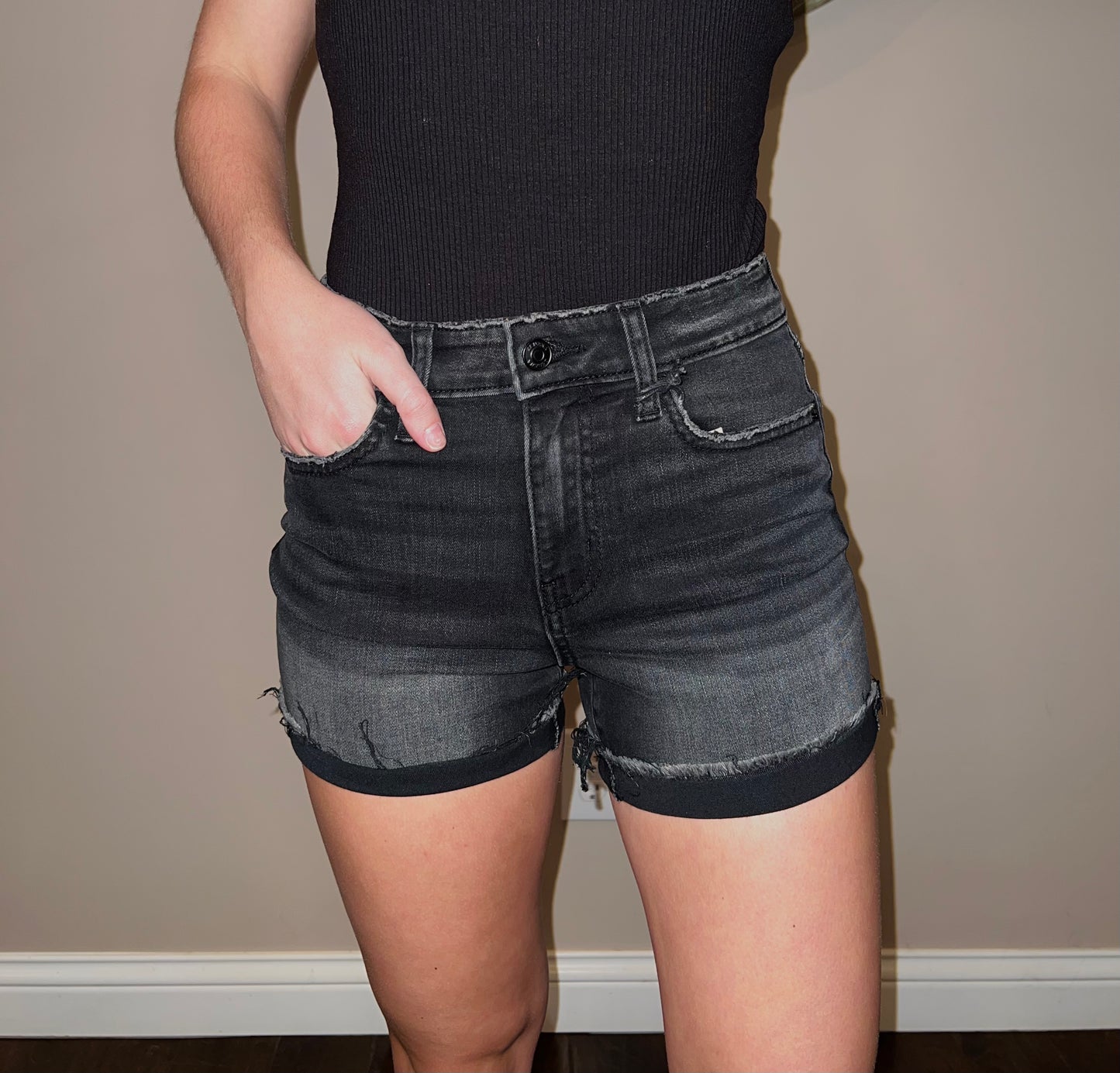 Black Cuffed Raw Hem Denim Shorts