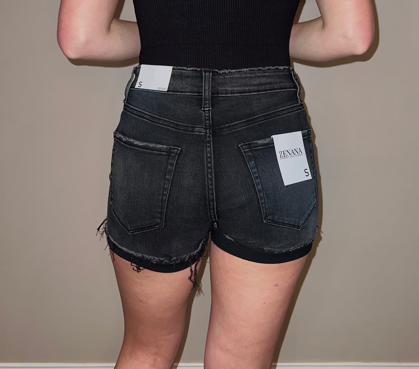 Black Cuffed Raw Hem Denim Shorts