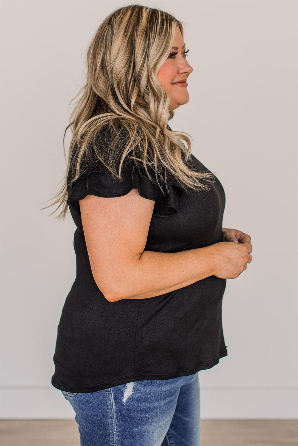 Plus Size Black Ruffled Sleeve Tee