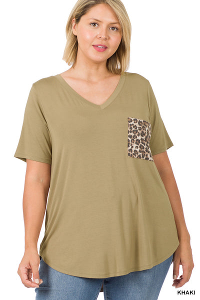 Plus Size Leopard Pocket Tee - Khaki